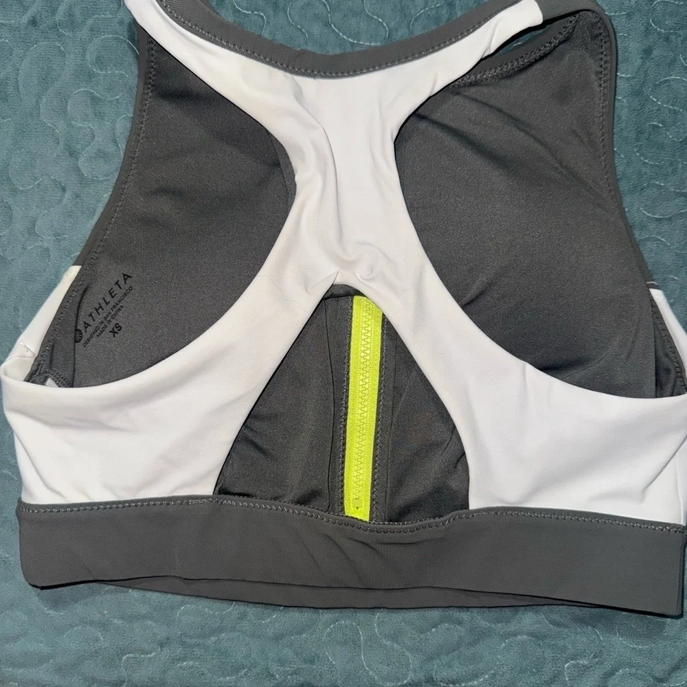 Athleta Gray and White Zip-Front Sports Bra